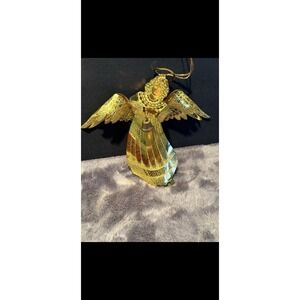 Vintage 60s  Gold Tone Movable Filigree Angel Holding Bell  4" Xmas Ornament